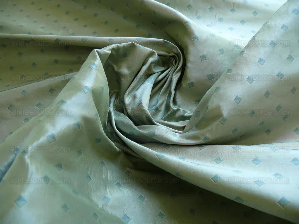 100% Silk Lampas Diamond Dot "jade" Blue Teal Green Stripe Reversible