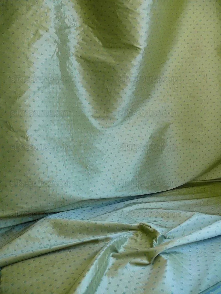 100% Silk Lampas Diamond Dot "jade" Blue Teal Green Stripe Reversible