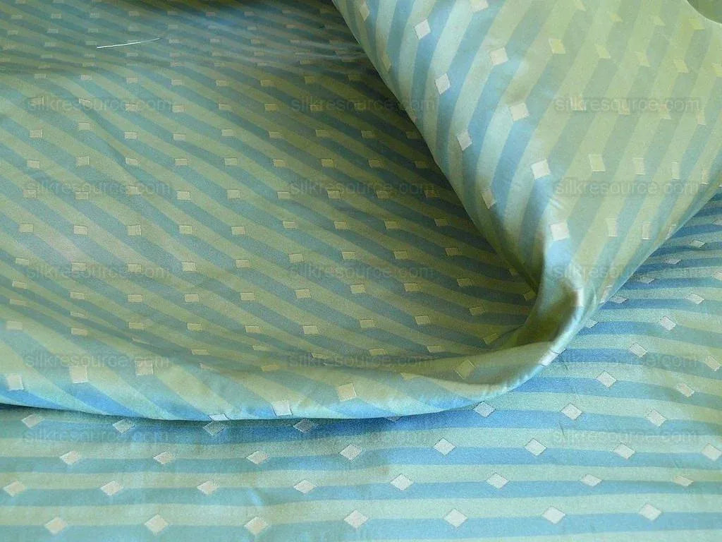 100% Silk Lampas Diamond Dot "jade" Blue Teal Green Stripe Reversible