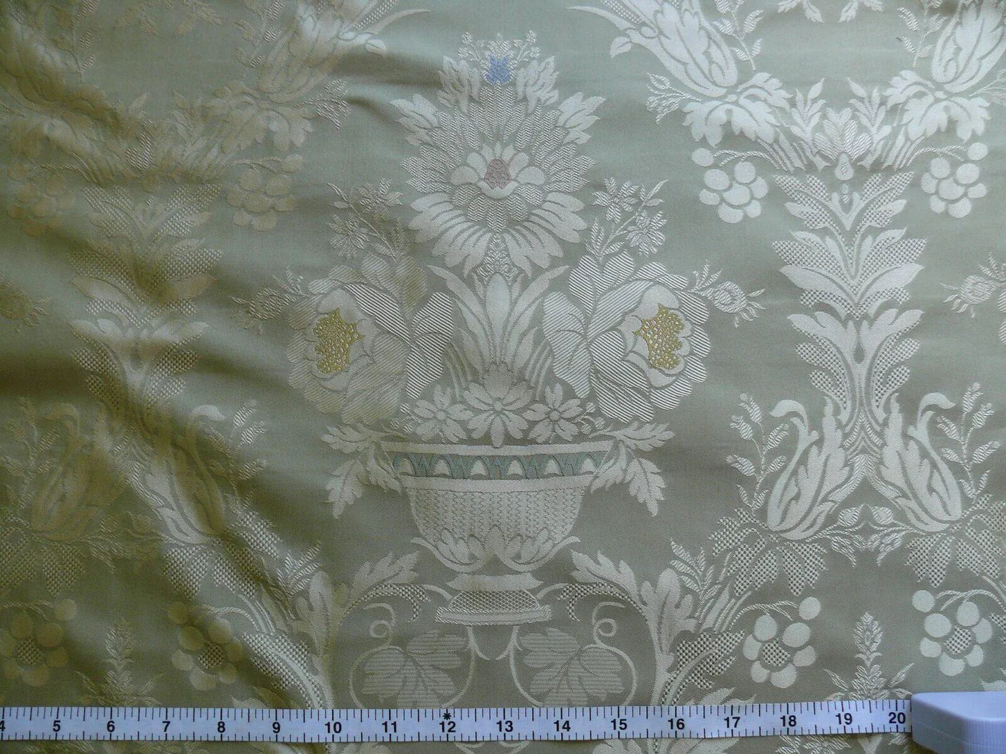 HiEnd 100% silk Damask Lisere Rose Urn Renaissance "palm" Light Green Yellow Pink Blue Neoclassical