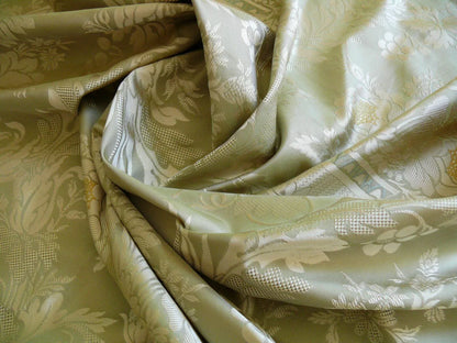 HiEnd 100% silk Damask Lisere Rose Urn Renaissance "palm" Light Green Yellow Pink Blue Neoclassical