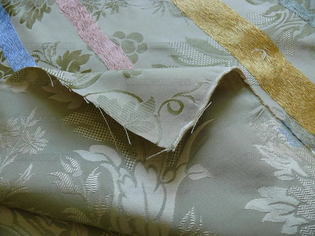 HiEnd 100% silk Damask Lisere Rose Urn Renaissance "palm" Light Green Yellow Pink Blue Neoclassical