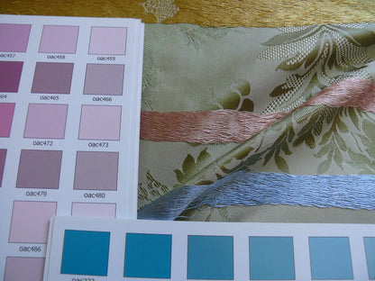 HiEnd 100% silk Damask Lisere Rose Urn Renaissance "palm" Light Green Yellow Pink Blue Neoclassical