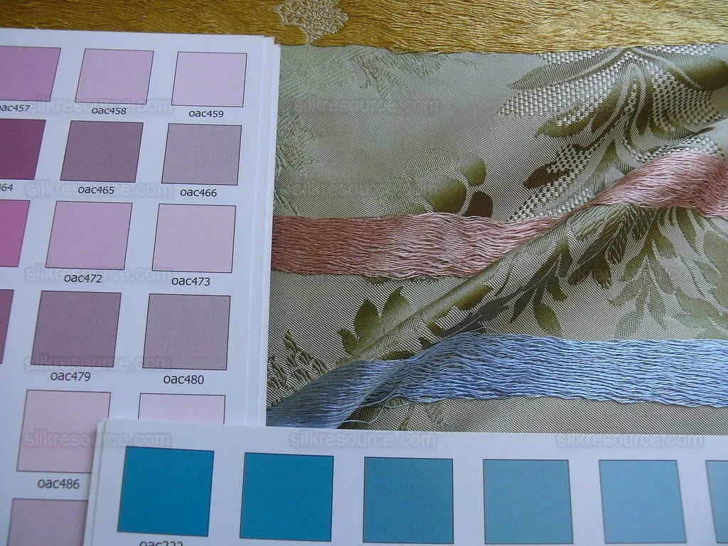 HiEnd 100% silk Damask Lisere Rose Urn Renaissance "palm" Light Green Yellow Pink Blue Neoclassical