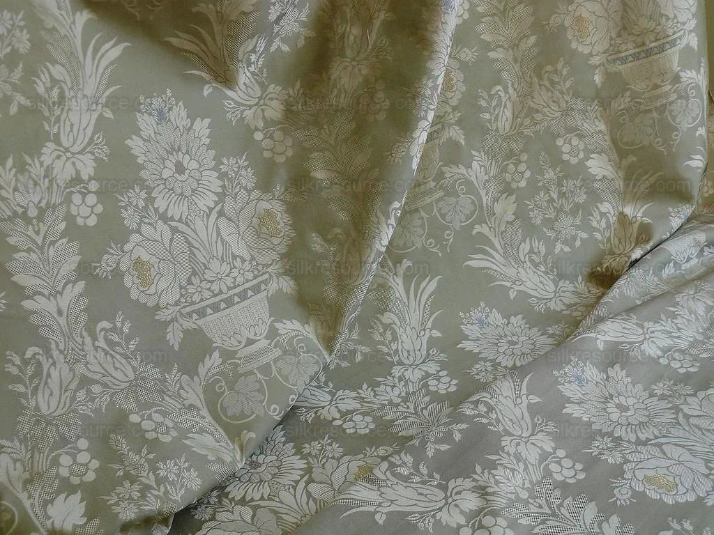 HiEnd 100% silk Damask Lisere Rose Urn Renaissance "palm" Light Green Yellow Pink Blue Neoclassical