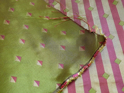 by yard 100% Silk Lampas Diamond Dot "peridot" Green Red Gold Bright  Stripe Reversible
