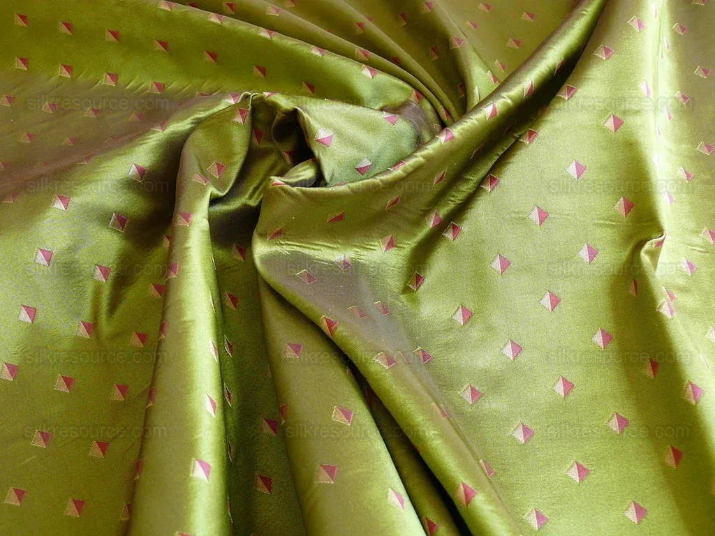 by yard 100% Silk Lampas Diamond Dot "peridot" Green Red Gold Bright  Stripe Reversible
