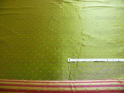by yard 100% Silk Lampas Diamond Dot "peridot" Green Red Gold Bright  Stripe Reversible