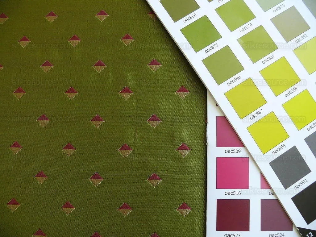 by yard 100% Silk Lampas Diamond Dot "peridot" Green Red Gold Bright  Stripe Reversible