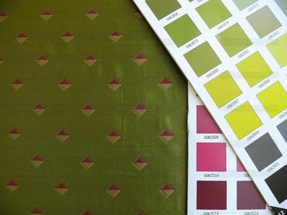 by yard 100% Silk Lampas Diamond Dot "peridot" Green Red Gold Bright  Stripe Reversible