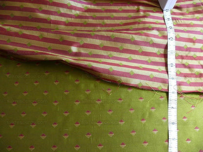 by yard 100% Silk Lampas Diamond Dot "peridot" Green Red Gold Bright  Stripe Reversible
