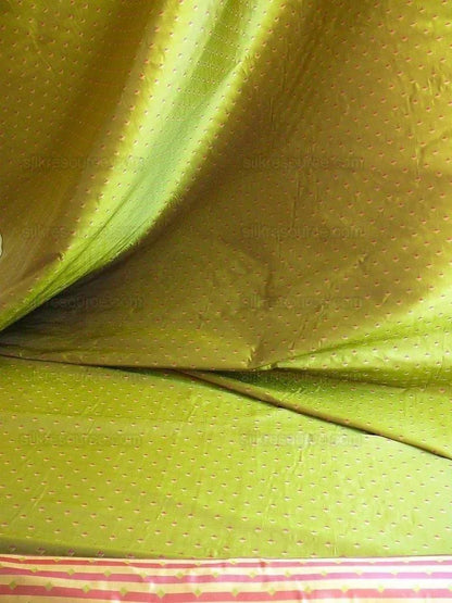 by yard 100% Silk Lampas Diamond Dot "peridot" Green Red Gold Bright  Stripe Reversible
