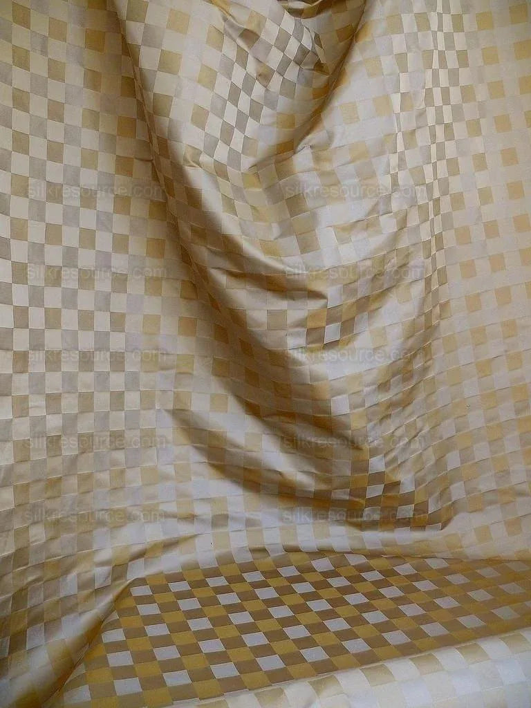 By yard 100% Silk Jacquard checkerboard Square “taupe” Tan Gold