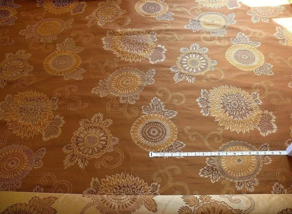 By yard Asian Modern 100% Silk Jacquard Retro Mum "cognac" Brown Beige