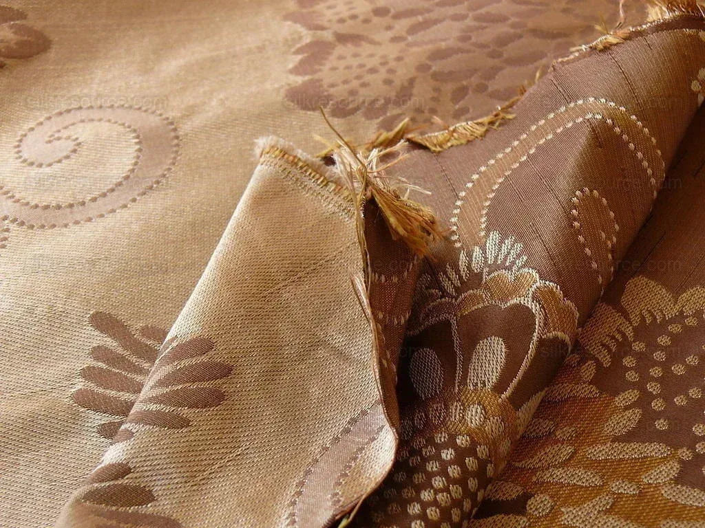 By yard Asian Modern 100% Silk Jacquard Retro Mum "cognac" Brown Beige