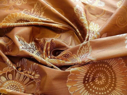 By yard Asian Modern 100% Silk Jacquard Retro Mum "cognac" Brown Beige