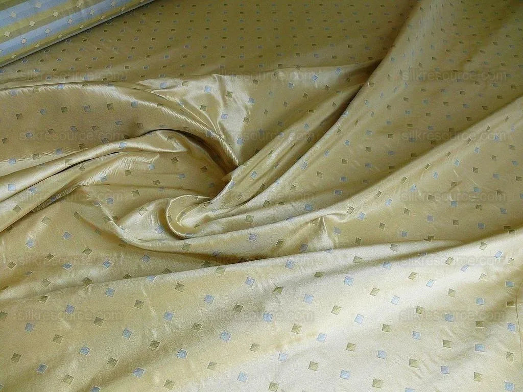 100% Silk Lampas Diamond Dot "bluestone" Yellow Blue Green Stripe Reversible