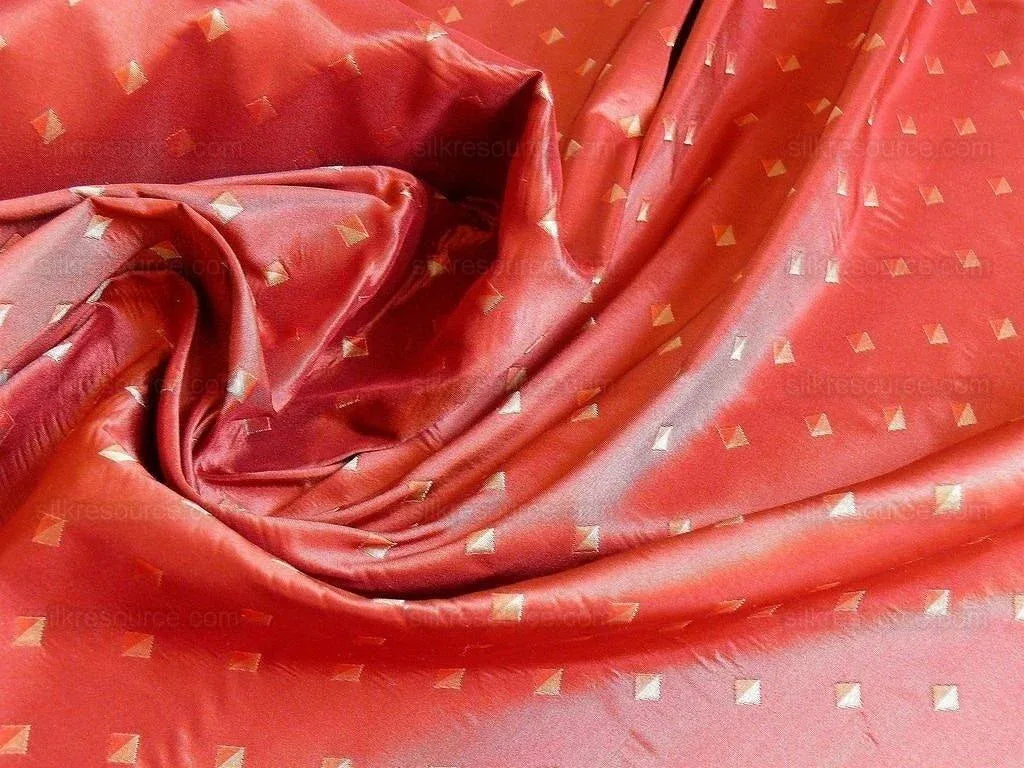 100% Silk Lampas Diamond Dot "sunset" Red Cream Khaki  Stripe Reversible