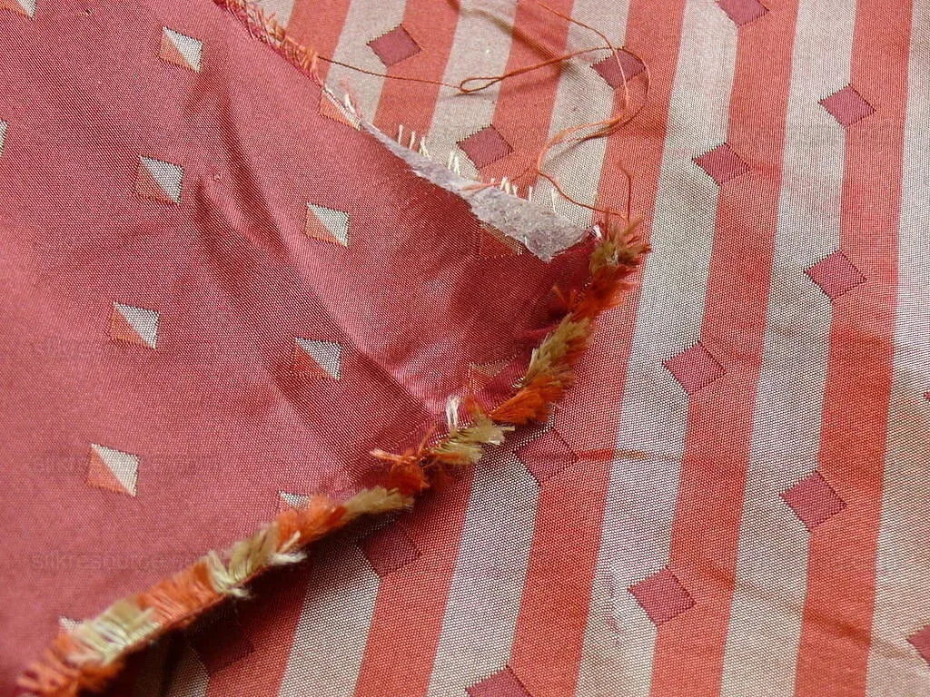 100% Silk Lampas Diamond Dot "sunset" Red Cream Khaki  Stripe Reversible