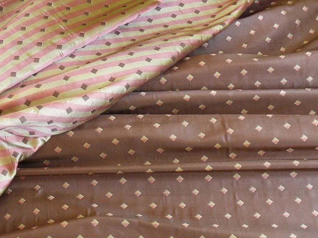100% Silk Lampas Diamond Dot "chocolate" Brown Red Green  Stripe Reversible