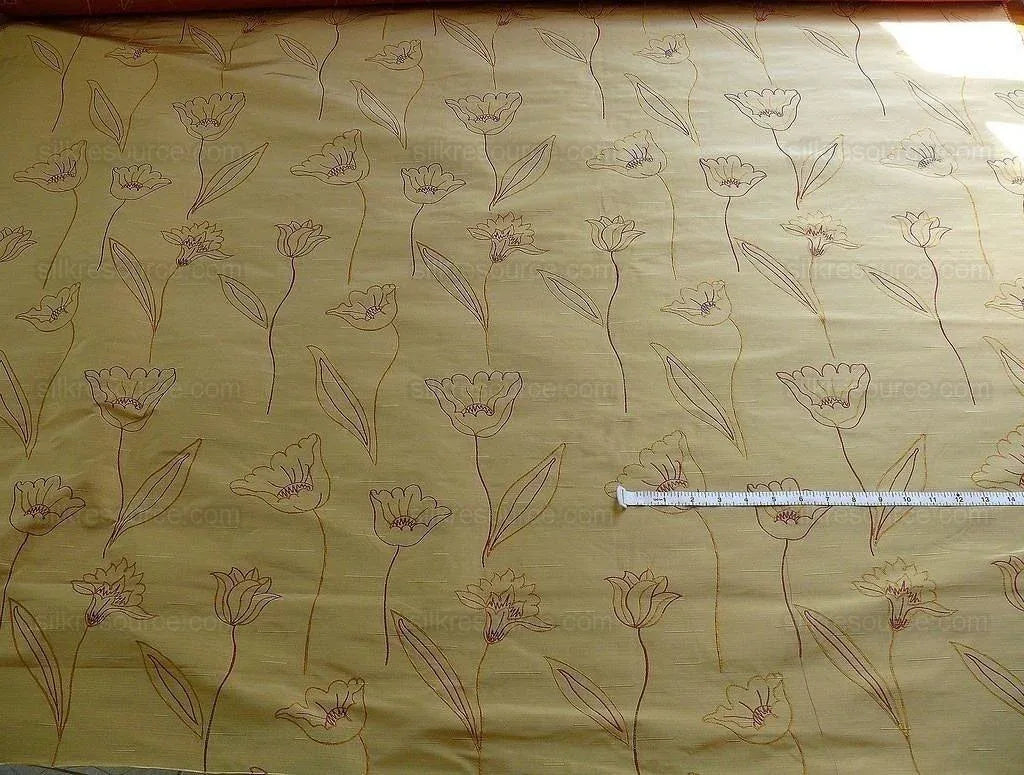 100% Silk Lampas Tulip "tan" Light Gold Red Mod Picasso Modern Abstract Flora Thick MSRP USD 300+/Y