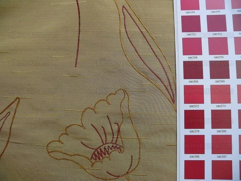 100% Silk Lampas Tulip "tan" Light Gold Red Mod Picasso Modern Abstract Flora Thick MSRP USD 300+/Y