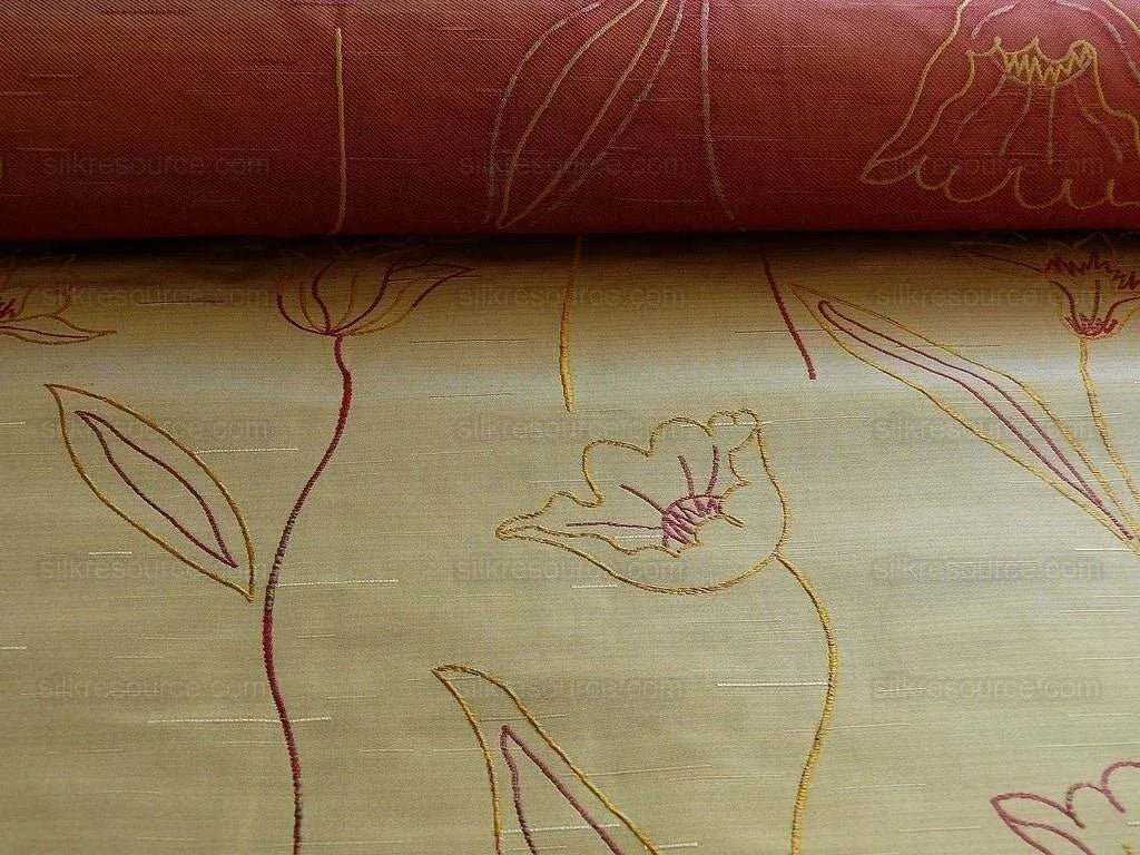 100% Silk Lampas Tulip "tan" Light Gold Red Mod Picasso Modern Abstract Flora Thick MSRP USD 300+/Y