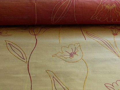 100% Silk Lampas Tulip "tan" Light Gold Red Mod Picasso Modern Abstract Flora Thick MSRP USD 300+/Y