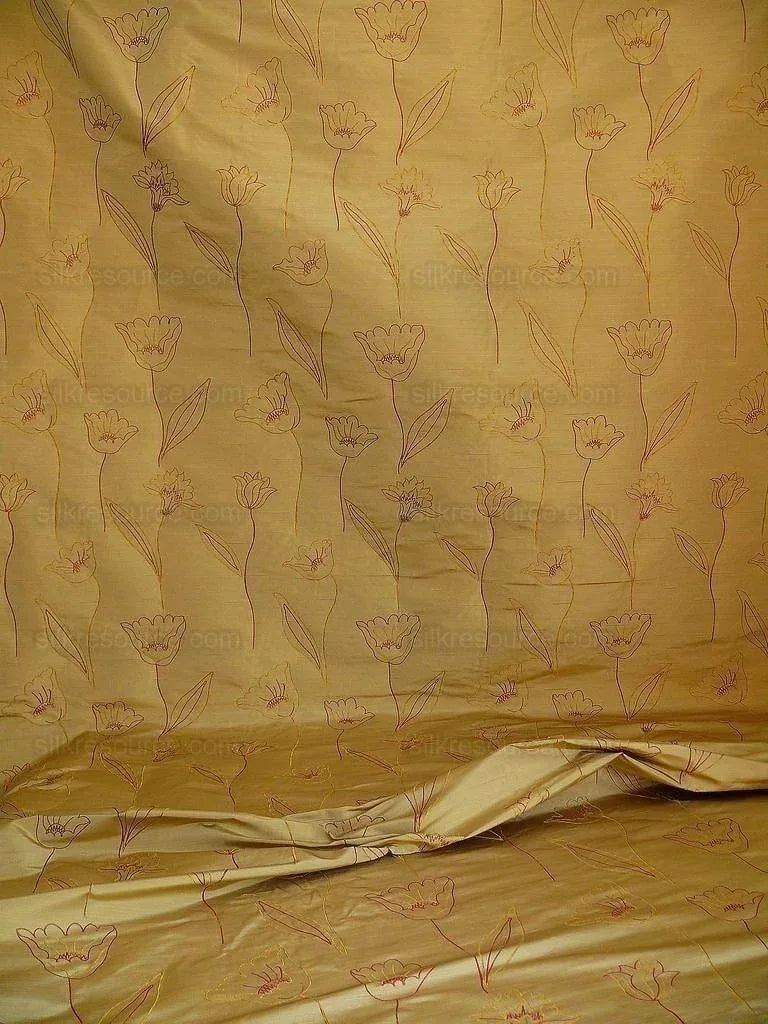 100% Silk Lampas Tulip "tan" Light Gold Red Mod Picasso Modern Abstract Flora Thick MSRP USD 300+/Y