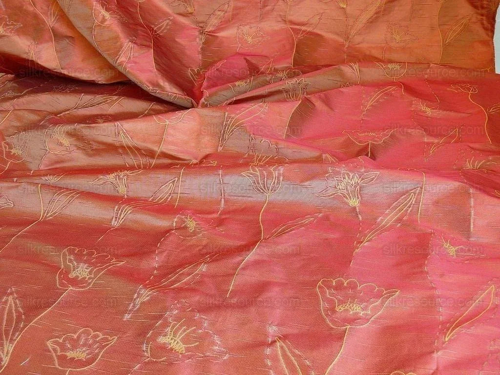 100% Silk Lampas Tulip "tan" Light Gold Red Mod Picasso Modern Abstract Flora Thick MSRP USD 300+/Y