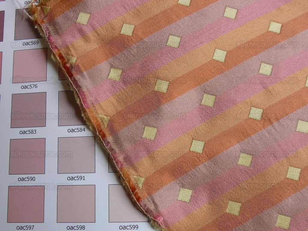 BTY 100% Silk Lampas Diamond Dot "citrus" Yellow Orange Pink  Stripe Reversible