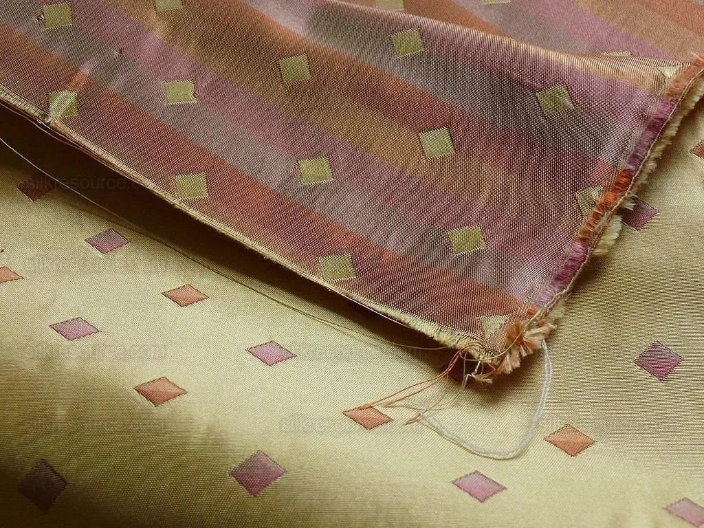 BTY 100% Silk Lampas Diamond Dot "citrus" Yellow Orange Pink  Stripe Reversible