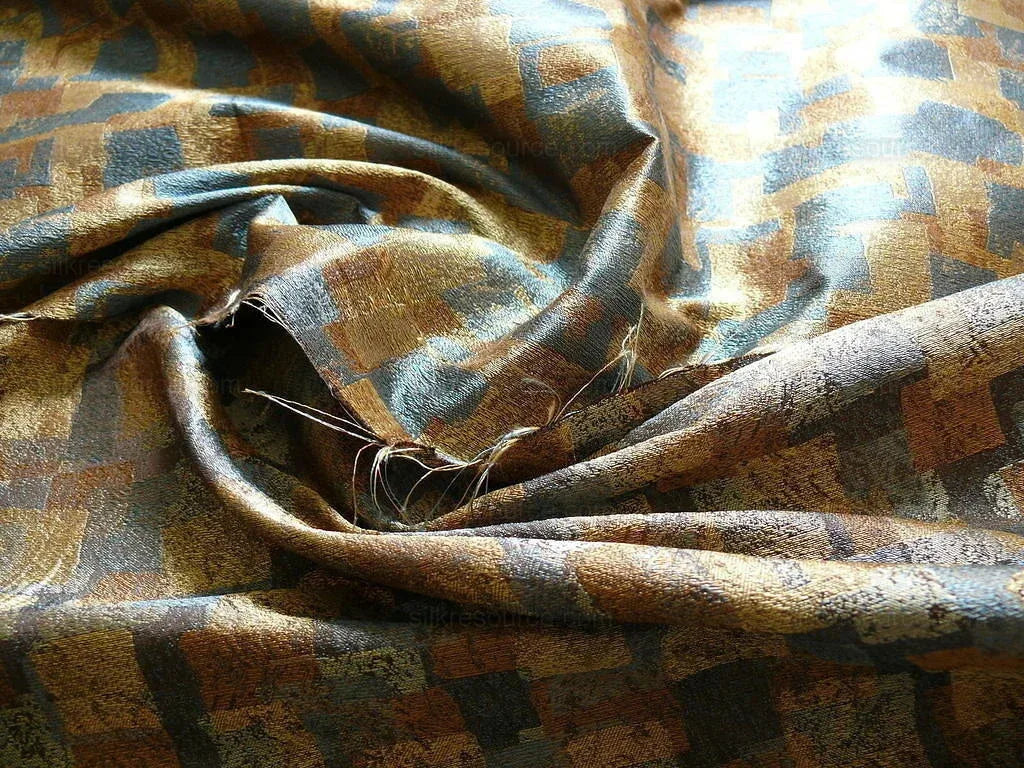 100% Silk Jacquard Modern Overlap Square "bluestone" Gold Mid Century