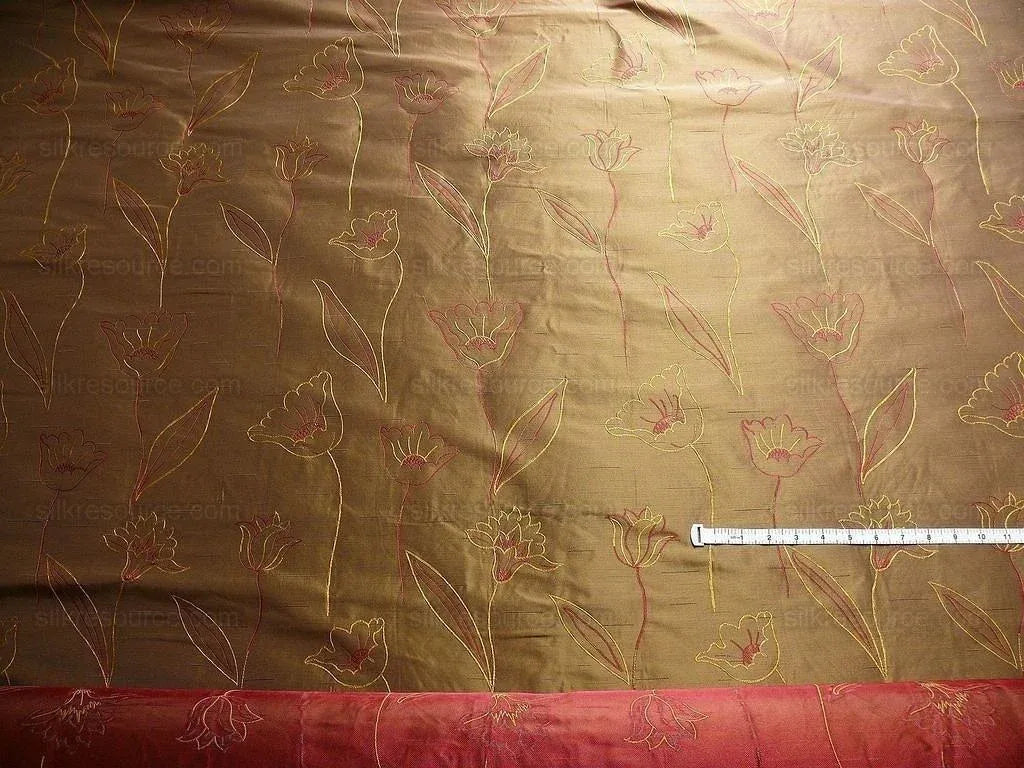 100% Silk Lampas Tulip "brown" Gold Mod Picasso Modern Abstract Flora Thick MSRP USD 300+/Y