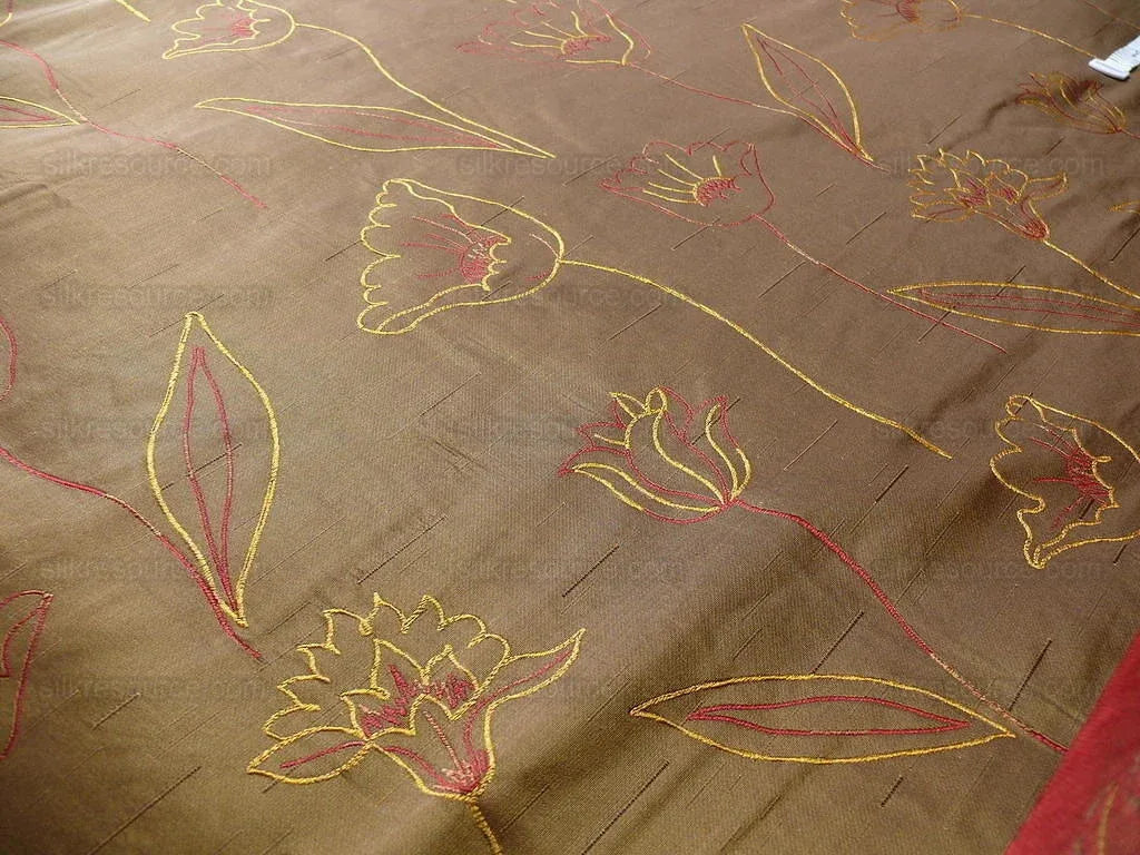 100% Silk Lampas Tulip "brown" Gold Mod Picasso Modern Abstract Flora Thick MSRP USD 300+/Y