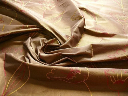 100% Silk Lampas Tulip "brown" Gold Mod Picasso Modern Abstract Flora Thick MSRP USD 300+/Y