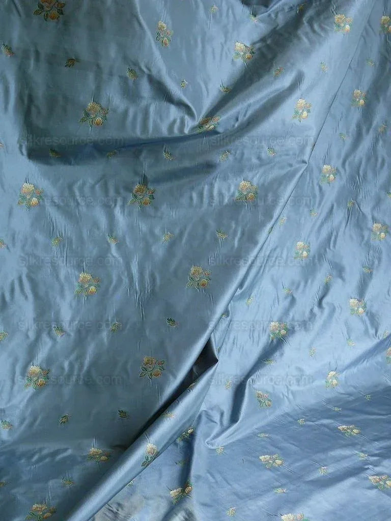 100% Silk Lampas Peach Blossom "cloud" Blue