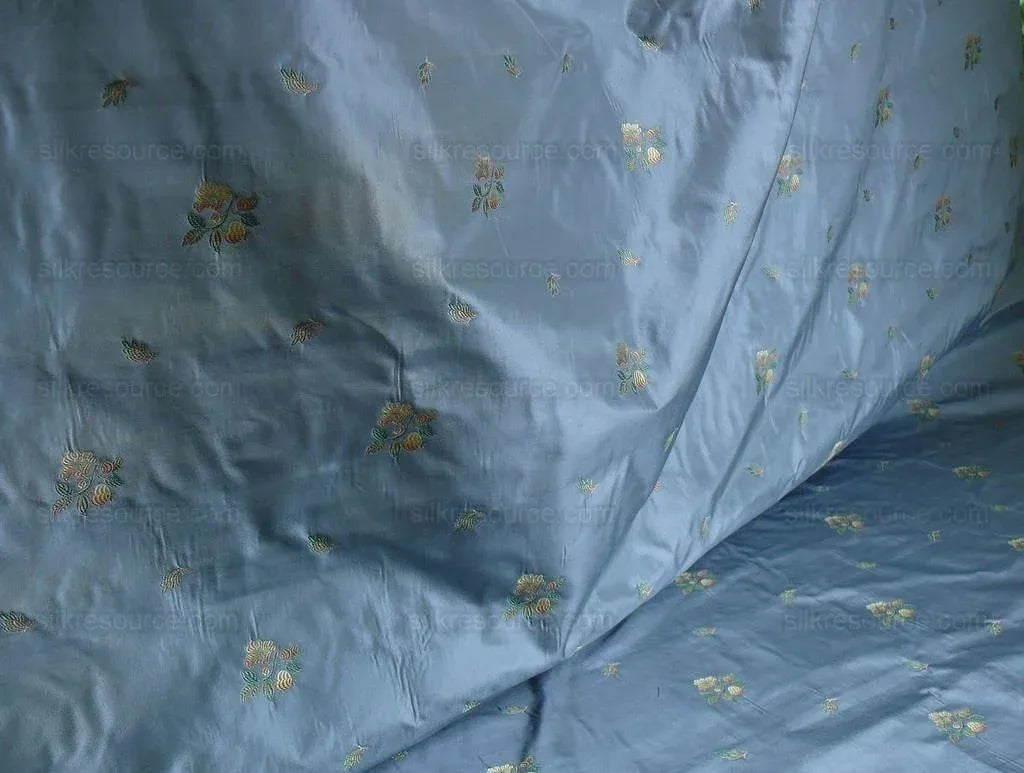 100% Silk Lampas Peach Blossom "cloud" Blue