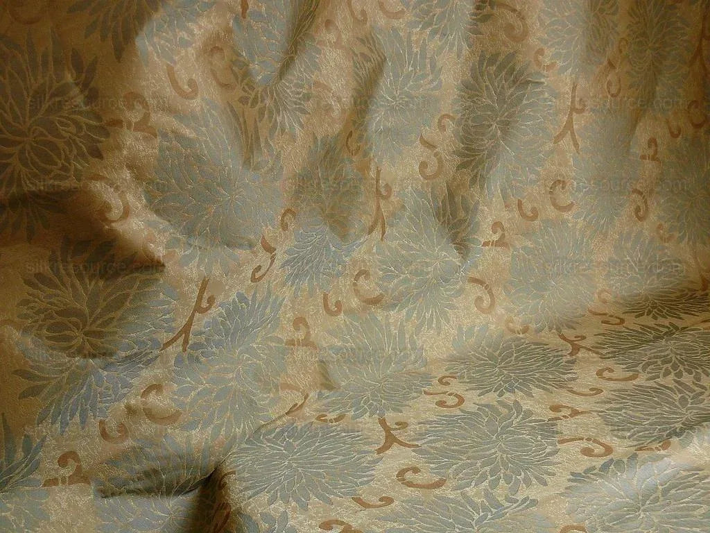 by yard High End 100% Silk Jacquard Kimono Mum Chrysanthemum Flower "celadon" Blue Japanese Inspired