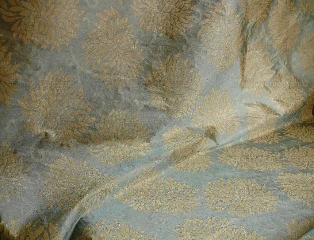 by yard High End 100% Silk Jacquard Kimono Mum Chrysanthemum Flower "celadon" Blue Japanese Inspired