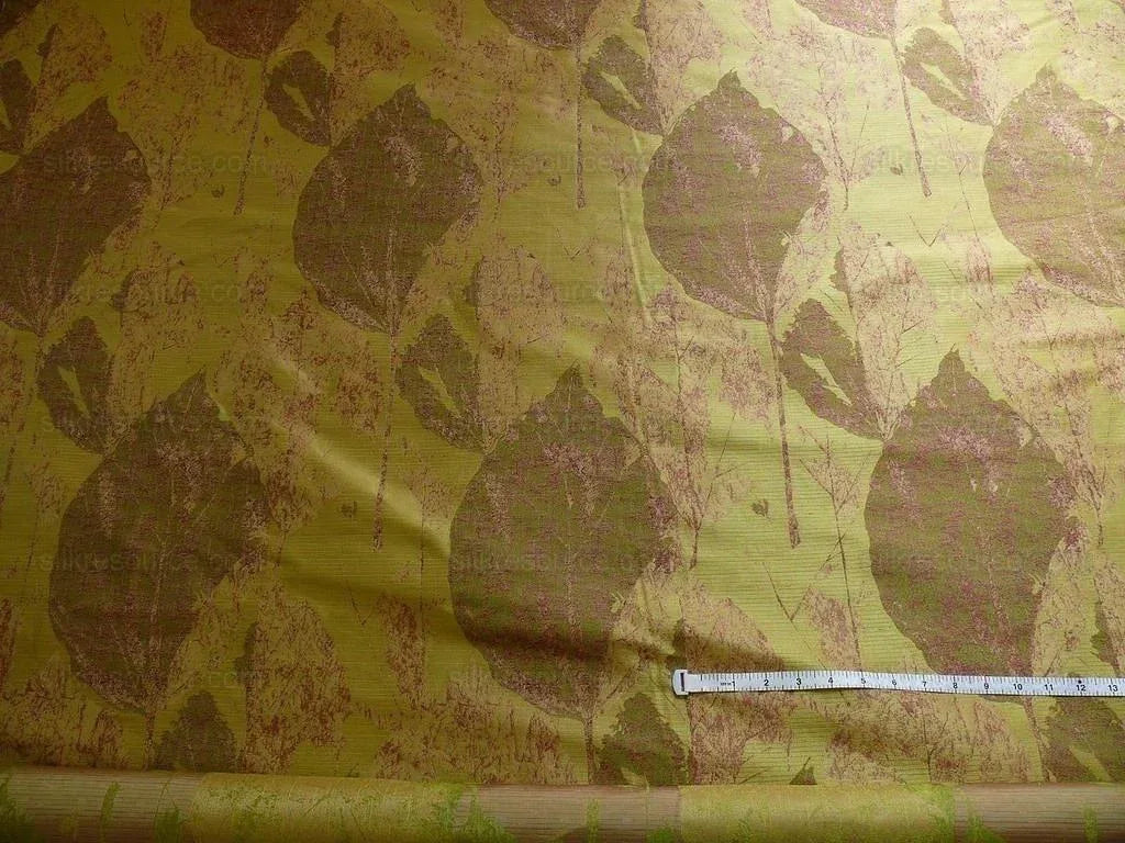 by yard High end 100% Silk Lampas Withered Leaf Birch Forest "tequila" Green Red