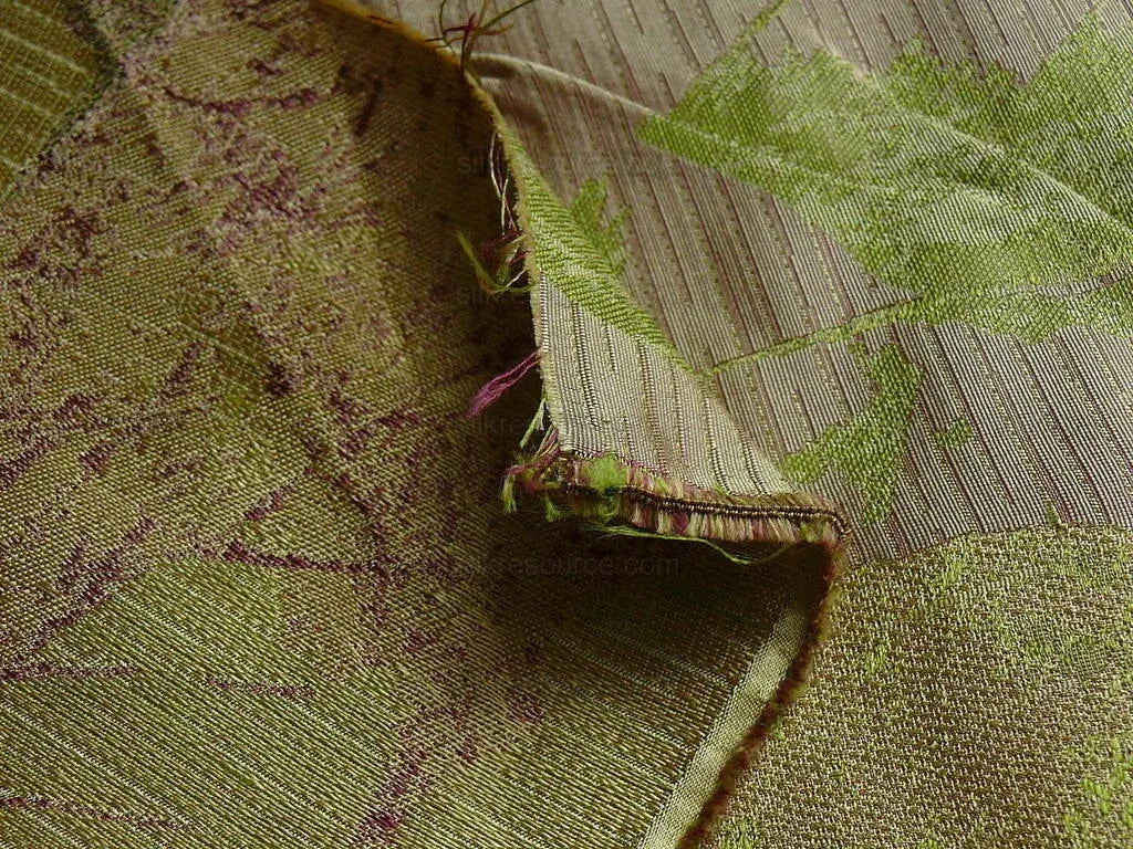 by yard High end 100% Silk Lampas Withered Leaf Birch Forest "tequila" Green Red