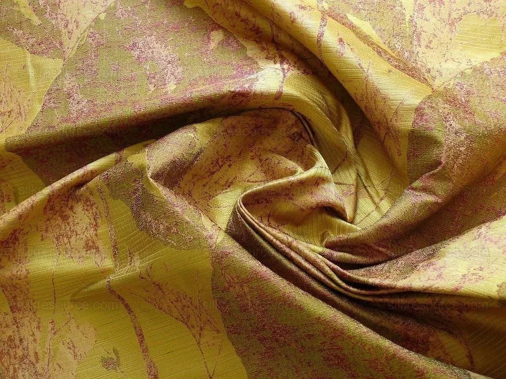 by yard High end 100% Silk Lampas Withered Leaf Birch Forest "tequila" Green Red