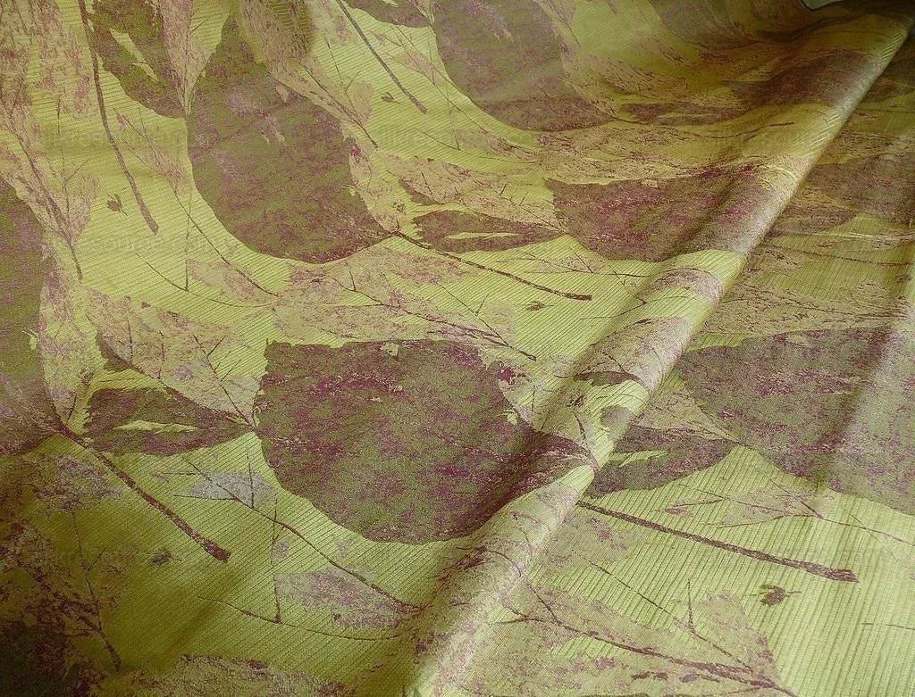 by yard High end 100% Silk Lampas Withered Leaf Birch Forest "tequila" Green Red