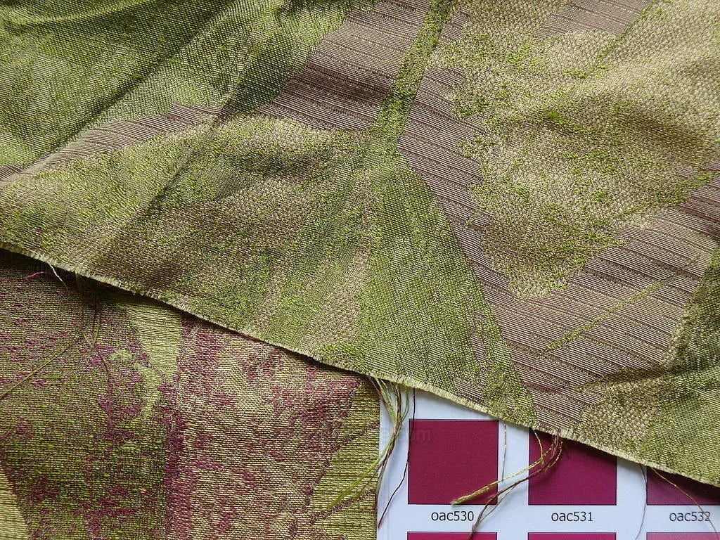 by yard High end 100% Silk Lampas Withered Leaf Birch Forest "tequila" Green Red