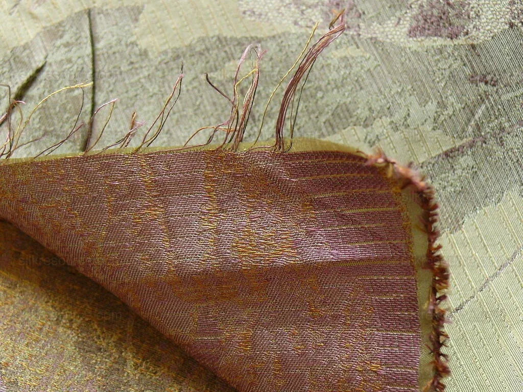 by yard High end 100% Silk Lampas Withered Leaf Birch Forest "lilac" Purple Gold