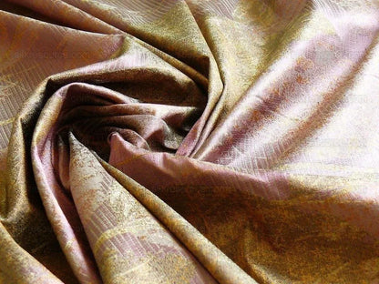 by yard High end 100% Silk Lampas Withered Leaf Birch Forest "lilac" Purple Gold