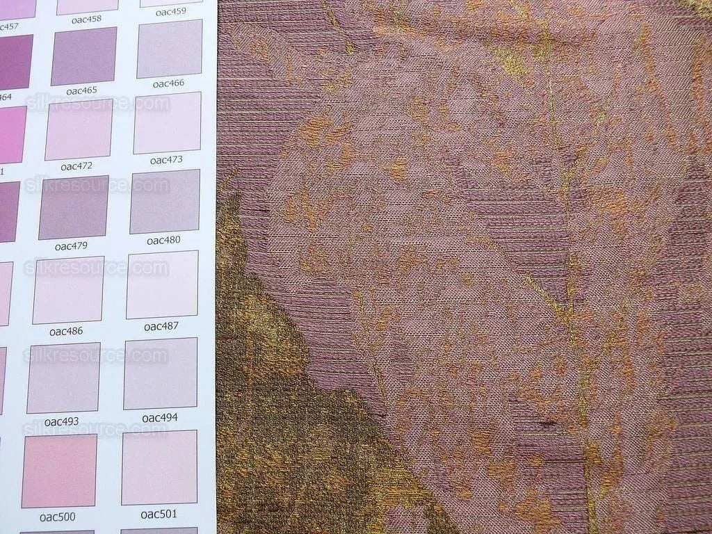 by yard High end 100% Silk Lampas Withered Leaf Birch Forest "lilac" Purple Gold