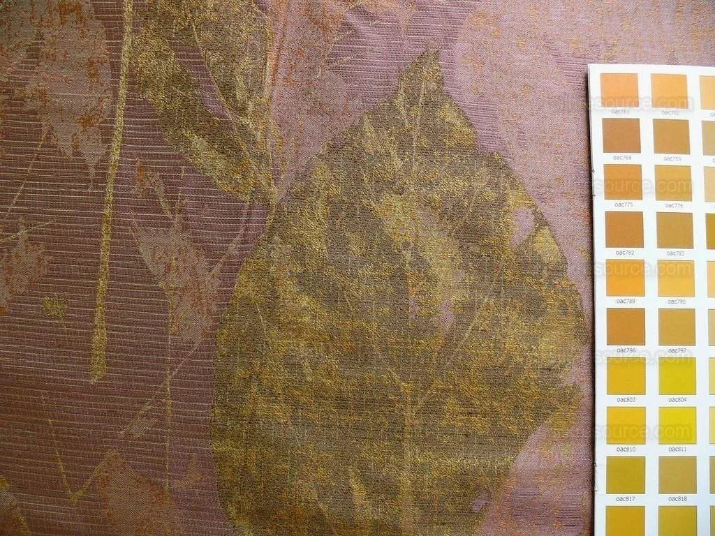 by yard High end 100% Silk Lampas Withered Leaf Birch Forest "lilac" Purple Gold
