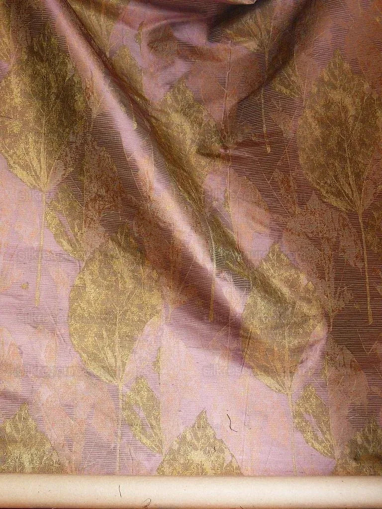 by yard High end 100% Silk Lampas Withered Leaf Birch Forest "lilac" Purple Gold